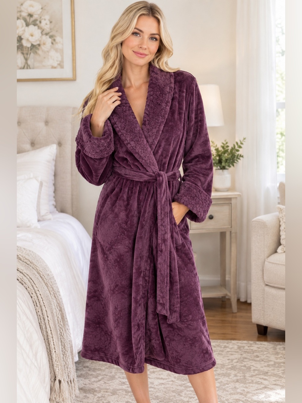 Midnight by Carole Hochman Plush Purple Shawl Robe
